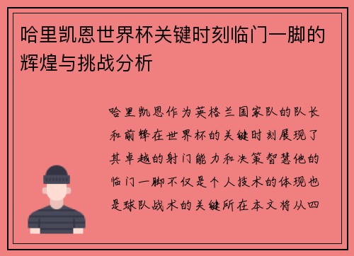 哈里凯恩世界杯关键时刻临门一脚的辉煌与挑战分析