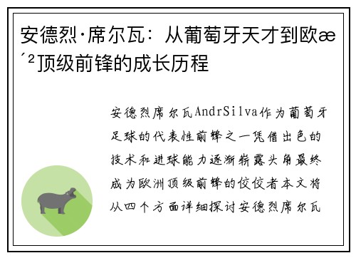 安德烈·席尔瓦：从葡萄牙天才到欧洲顶级前锋的成长历程